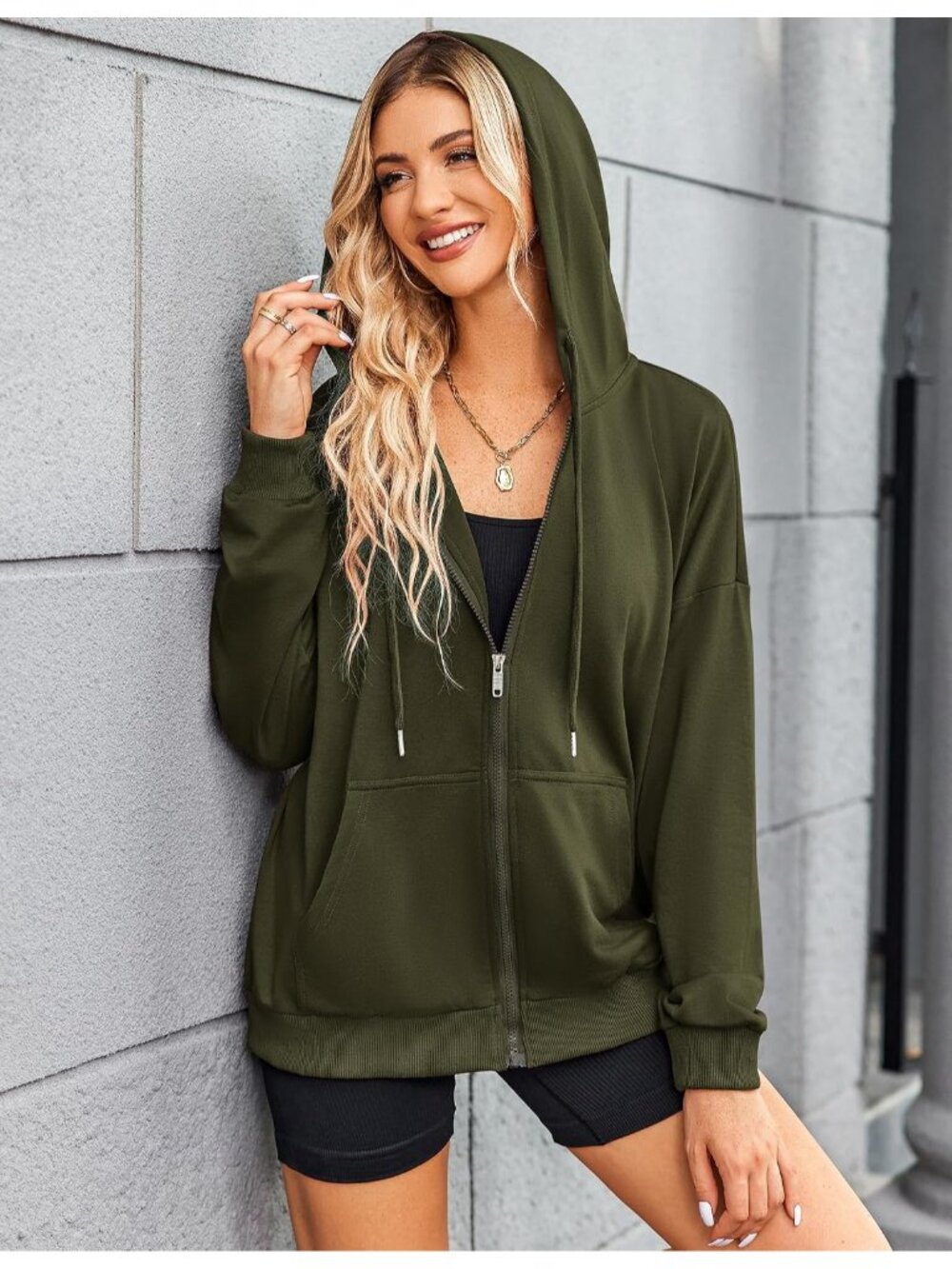 〽️Women's Green Oversized Hoodie Full Zip Lightweight Long Sleeve Casual Jacket - Picture 2 of 6